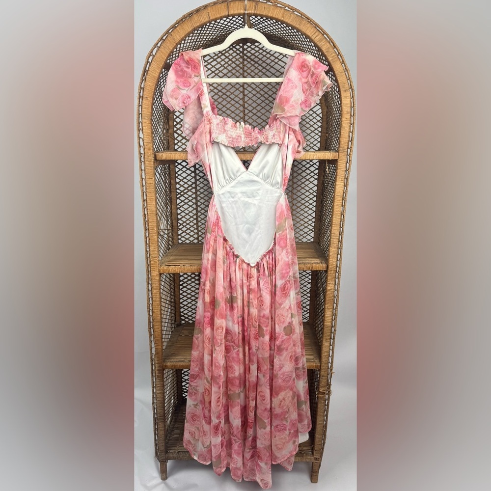 Rachel Parcell Pink Chiffon Ruffle Midi Dress Size 10 Floral - Picture 6 of 8